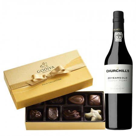 Churchill's Tawny Port 20 Year Old And Godiva 8 Pc Chocolate Box