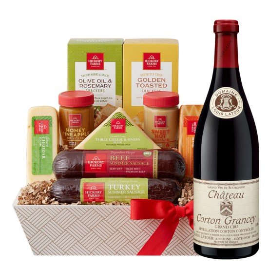 Louis Latour Chateau Corton Grancey Grand Cru French Wine & Hickory Cheese Gift Basket