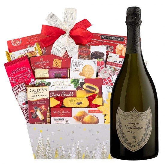 Dom Perignon Champagne Holiday Wishes Godiva Chocolate Gift Basket 