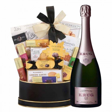 Krug Rose Champagne and Godiva Black & Gold Celebration Gift Basket