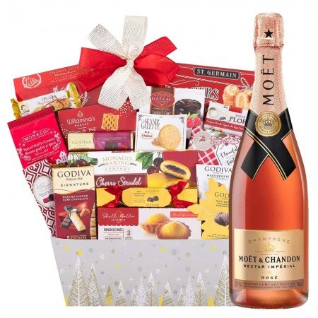 Moet & Chandon Nectar Imperial Rose And Assorted Godiva Chocolates Gift Basket