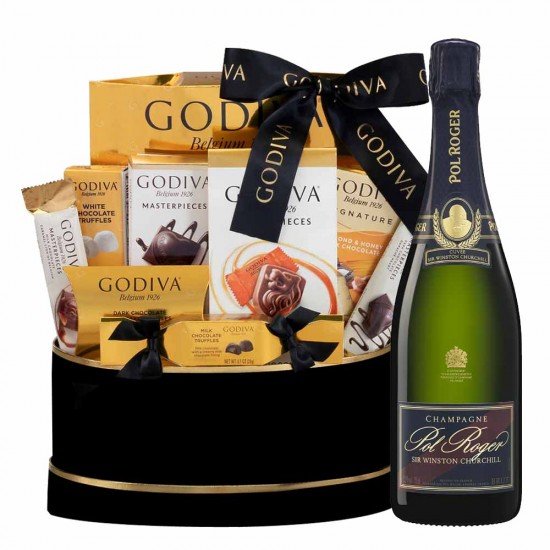 Pol Roger Cuvée Sir Winston Churchill And Godiva Black & Gold Celebration Gift Basket