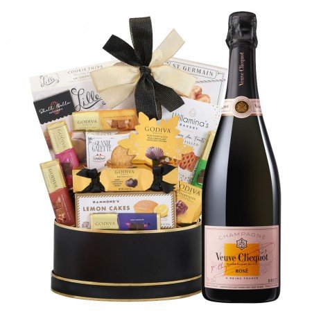 Veuve Clicquot Rose Champagne And Godiva Black & Gold Celebration Gift Basket