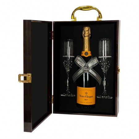 Veuve Clicquot Champagne And Flutes Adorned with Pearls & Ribbon