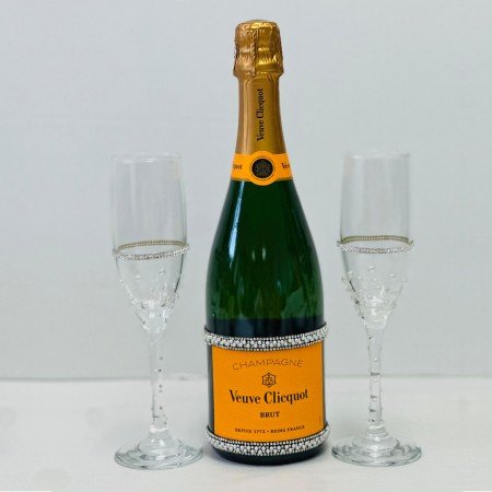 Veuve Clicquot Champagne And Flutes Adorned with Pearls & Crystals